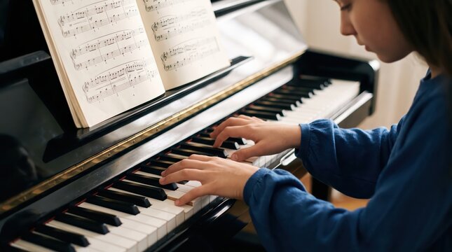 Person playing piano while reading sheet music. Piano practice and music education. Learning an instrument, musical skill and creative study. Classical music rehearsal.
