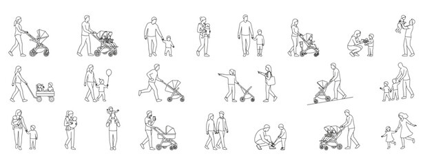 Obraz na płótnie Canvas Family Walking Architectural Scale Figures with Parents Pushing Baby Strollers and Holding Toddlers Hands, Side View Parent and Child Line Art Characters Vector Illustration