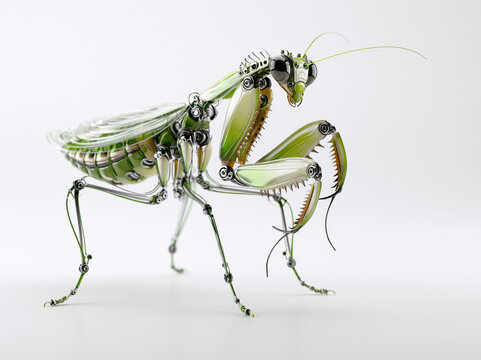 Mechanical mantis praying mantis insect robot cybernetic futuristic green metallic white background 3d render sleek mechanical praying mantis insect robot with cybernetic detail clean white