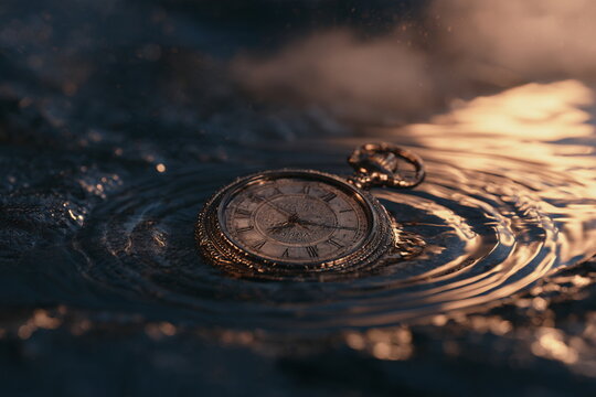 Antique pocket watch resting on dark rippling water in warm golden light, vintage timepiece, reflections, passage of time, nostalgia and timeless elegance.