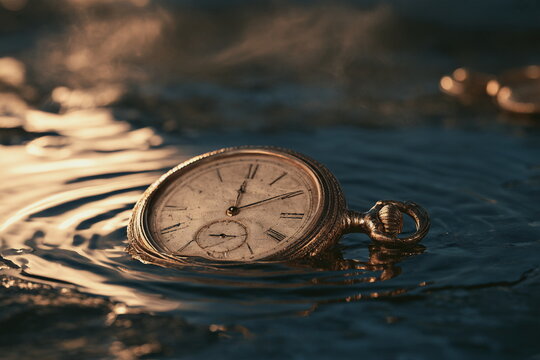 Antique pocket watch resting on dark rippling water in warm golden light, vintage timepiece, reflections, passage of time, nostalgia and timeless elegance.