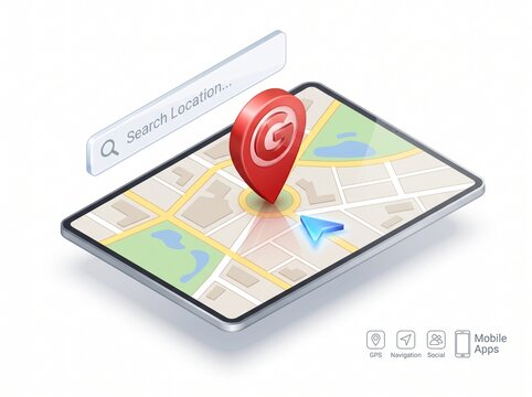 Isometric map application on tablet with a search bar and location pin
