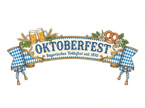 Oktoberfest beer festival banner with Bavarian blue and white diamond pattern, beer mugs, pretzel, and wheat stalks on white background