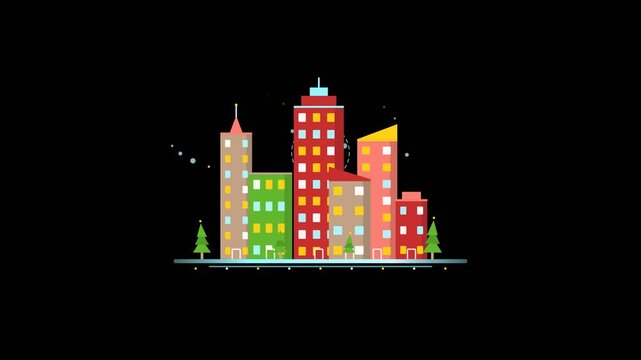 Colorful Christmas city buildings with glowing illuminated windows and gentle snowfall animation loop against a black background in 2D flat vector style