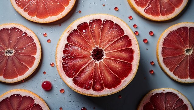 Red grapefruit slices with droplets on a pale background