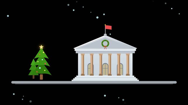Christmas city hall building with decorated pine tree and falling snow particles against a dark black background in a seamless 2D vector flat animation loop