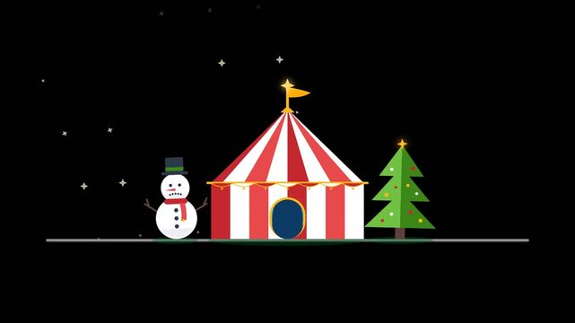 Christmas city carnival scene with animated snowman waving beside a red striped circus tent and festive pine tree under twinkling starry night in 2D flat vector style
