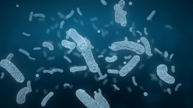 Pale steel teal bacteria and tiny particles drift through a dark teal field, rod shaped germs at shallow focus, microbiology and hygiene animation