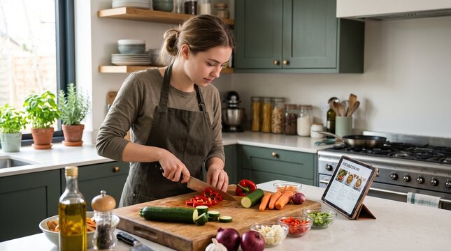 Young Adult Developing Essential Life Skills by Preparing Fresh Vegetables and Learning Practical Cooking Techniques in Modern Kitchen
