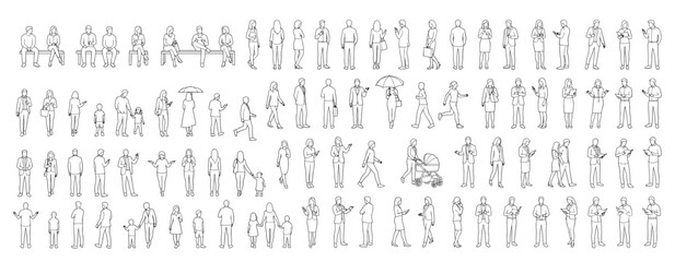 Plakat Architectural CAD People Outline Set with Sitting Walking and Standing Human Figures in Front Side and Rear Views for Building Elevation and Interior Design Plans Vector Illustration