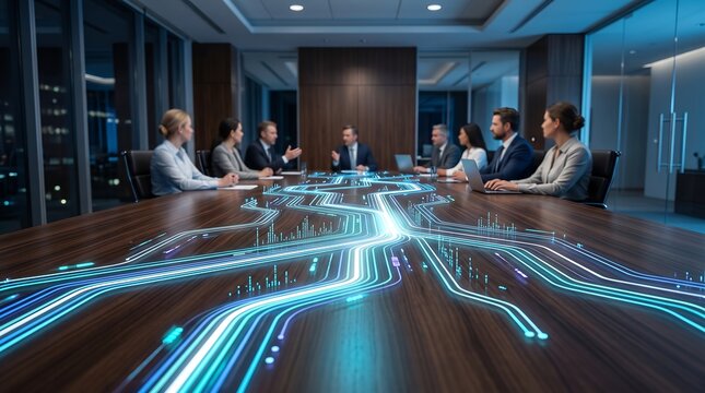 Diverse professional business team sitting around boardroom table discussing data analytics and digital transformation strategy with glowing holographic information network overlaying wooden surface