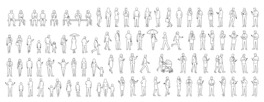 Architectural CAD People Outline Set with Sitting Walking and Standing Human Figures in Front Side and Rear Views for Building Elevation and Interior Design Plans Vector Illustration