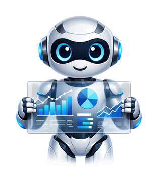PNG Cute robot analyzing digital data on transparent screen.