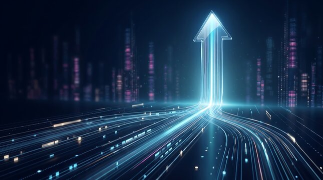 Glowing upward pointing arrow formed by digital light lines and data streams emerging from a complex network grid representing business growth and success in technology