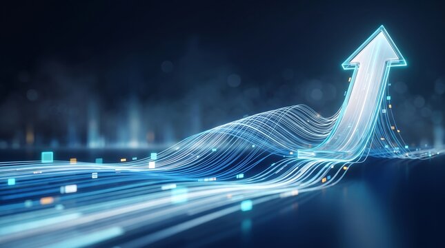 Futuristic digital growth arrow rising through glowing data streams and network nodes illustrating financial success business development and technological progress in modern abstract art