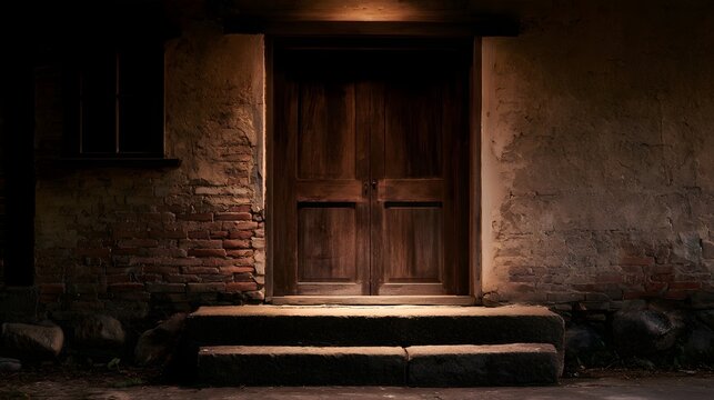 An old wooden door set in a weathered stone and brick wall  illuminated by warm light from above  with stone steps leading up to it