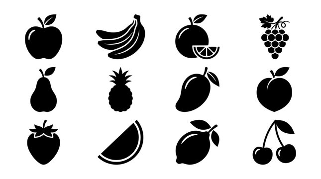 Fruit silhouettes set with apple, banana, grapes, strawberry, lemon and cherry for healthy eating logo