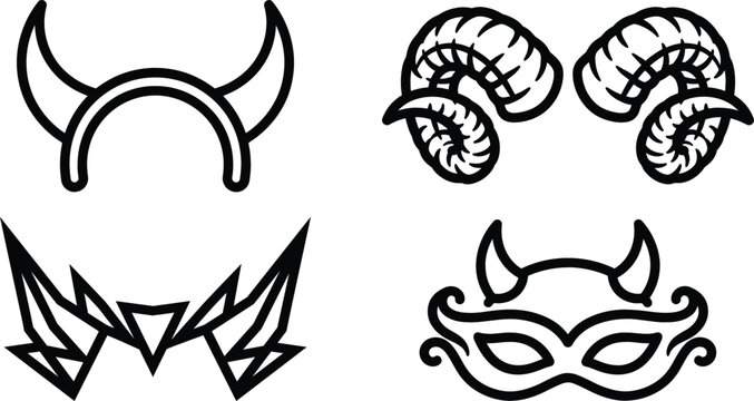 Devil horns headband ram horn masquerade masks line icons set isolated on white vector