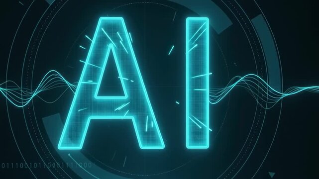 Glowing neon cyan AI letters with binary code on dark futuristic technology background