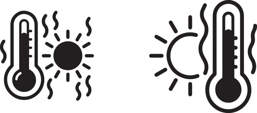 Black and white thermometer and sun icon illustrating hot weather, high temperature, and summer heat concept.