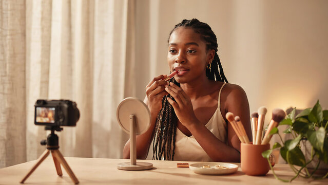 Young African woman with braids applying lipstick in front of mirror while recording makeup tutorial with camera on tripod for beauty vlog and social media content creation