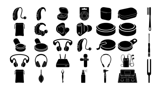 Hearing aid silhouettes set with cochlear implants, hearing aids, cases and accessories for audio care and technology