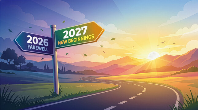 The transition between years:Road signpost split transition, a scenic road 3D direction signpost pointing left '2026 Farewell' and pointing forward toward a golden sunrise with '2027 New Beginnings