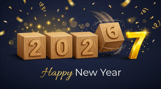 The transition between years:concept of transition from 2026 to 2027. Wooden blocks or tiles being flipped, number '6' rotating and falling away while a shiny golden 3D number '7'