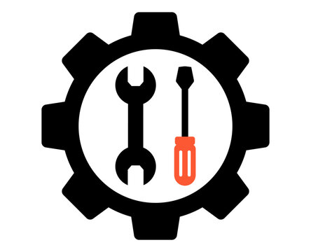 Gear with wrench and screwdriver icon symbolizing repair and maintenance isolated on white background