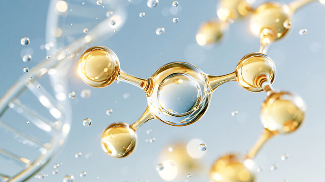 金色の透明な分子と二重らせんが浮かぶ美容成分・スキンケア研究の科学CG / Golden transparent molecule and double helix for cosmetic ingredient and skincare research