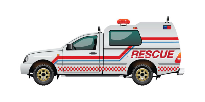 Detailed vector illustration of a white and red rescue ambulance vehicle on a white background