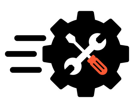 Gear with crossed wrench and screwdriver icon representing repair and maintenance services isolated on white background