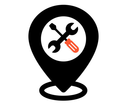Location Pin Icon With Wrench and Screwdriver Tools For Repair Service isolated on white background