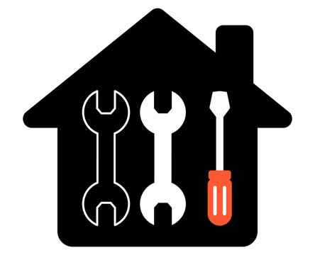 House shape with tools inside representing home repair and maintenance services isolated on white background
