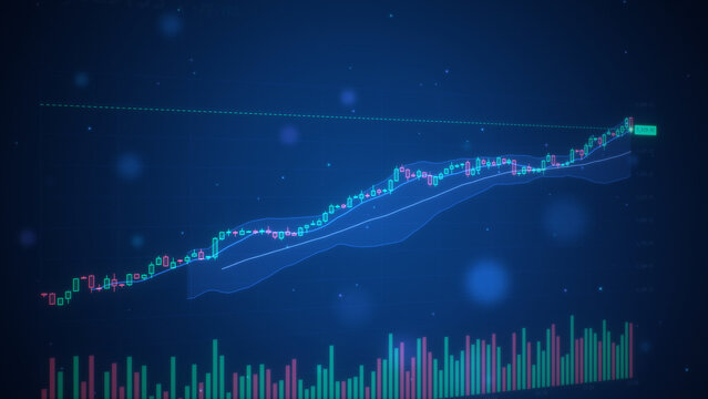 Glowing candlestick stock chart with rising uptrend and band in perspective on blue background, financial market data