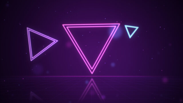 Glowing neon triangles inverted floating over reflective grid floor, purple and pink abstract geometric background
