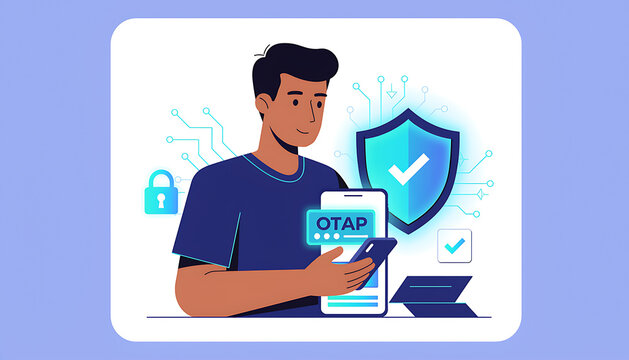 Vector illustration of a man holding smartphone verifying account security with OTP password and shield protection icon.