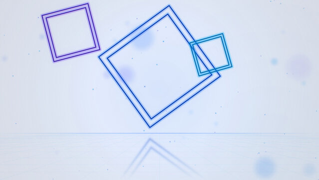 Neon line squares on bright white and blue background with reflection, minimal geometric design