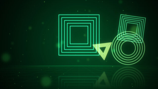 Glowing neon squares, triangles, concentric outlines floating over reflective grid floor, green abstract geometric background