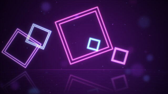 Glowing neon squares tilted floating over reflective grid floor, purple and pink abstract geometric background