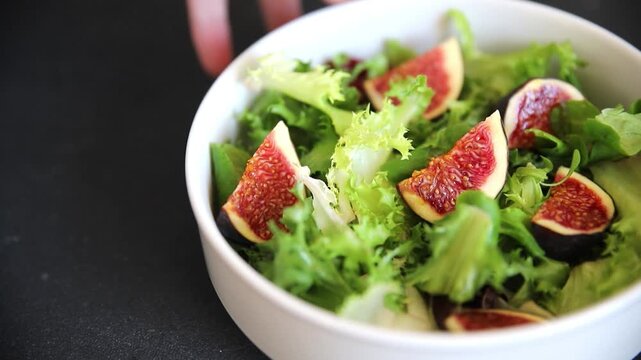 Fig Salad fresh mixed greens healthy eating, nutritious meals delicious appetizers, fresh ingredients gourmet cuisine, traditional dishes food background top view copy space keto and paleo diets veget