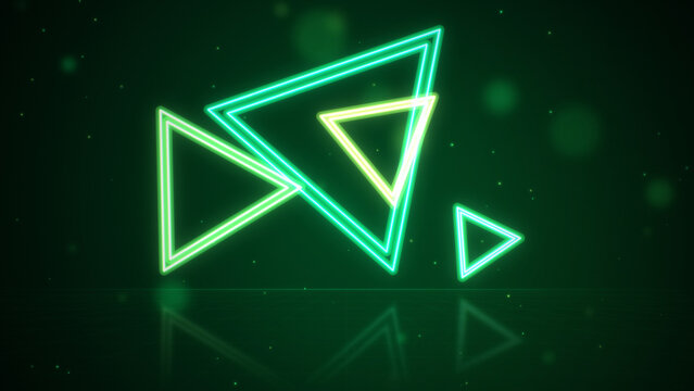 Glowing neon triangles bright floating over reflective grid floor, green abstract geometric background