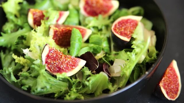 Fig Salad fresh mixed greens healthy eating, nutritious meals delicious appetizers, fresh ingredients gourmet cuisine, traditional dishes food background top view copy space keto and paleo diets veget