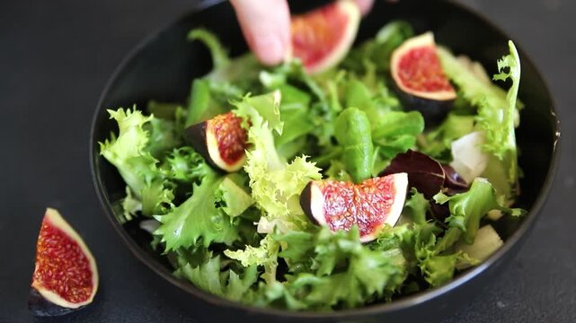 Fig Salad fresh mixed greens healthy eating, nutritious meals delicious appetizers, fresh ingredients gourmet cuisine, traditional dishes food background top view copy space keto and paleo diets veget