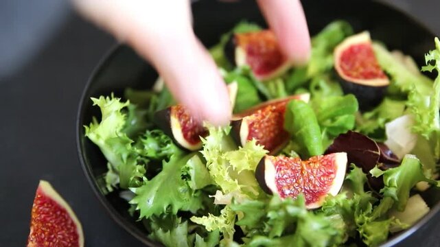 Fig Salad fresh mixed greens healthy eating, nutritious meals delicious appetizers, fresh ingredients gourmet cuisine, traditional dishes food background top view copy space keto and paleo diets veget
