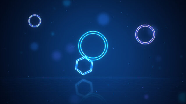 Glowing neon circles, hexagons floating over reflective grid floor, blue and purple abstract geometric background