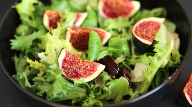 Fig Salad fresh mixed greens healthy eating, nutritious meals delicious appetizers, fresh ingredients gourmet cuisine, traditional dishes food background top view copy space keto and paleo diets veget