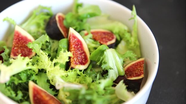Fig Salad fresh mixed greens healthy eating, nutritious meals delicious appetizers, fresh ingredients gourmet cuisine, traditional dishes food background top view copy space keto and paleo diets veget