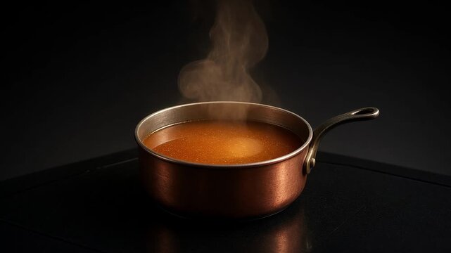 Steam rising from amber syrup in a copper saucepan