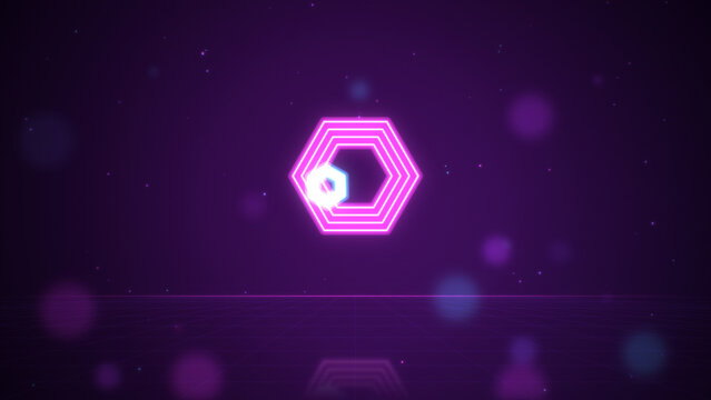 Glowing neon hexagons, concentric outlines floating over reflective grid floor, purple and pink abstract geometric background